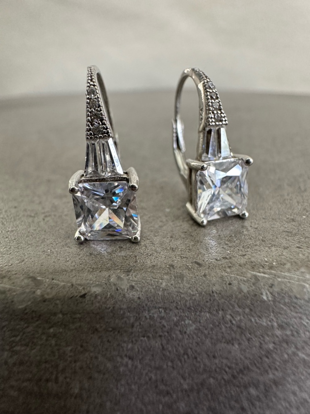 Sterling Silver & CZ Princess Cut, Emerald Cut & Round Accent Stones Lever-back